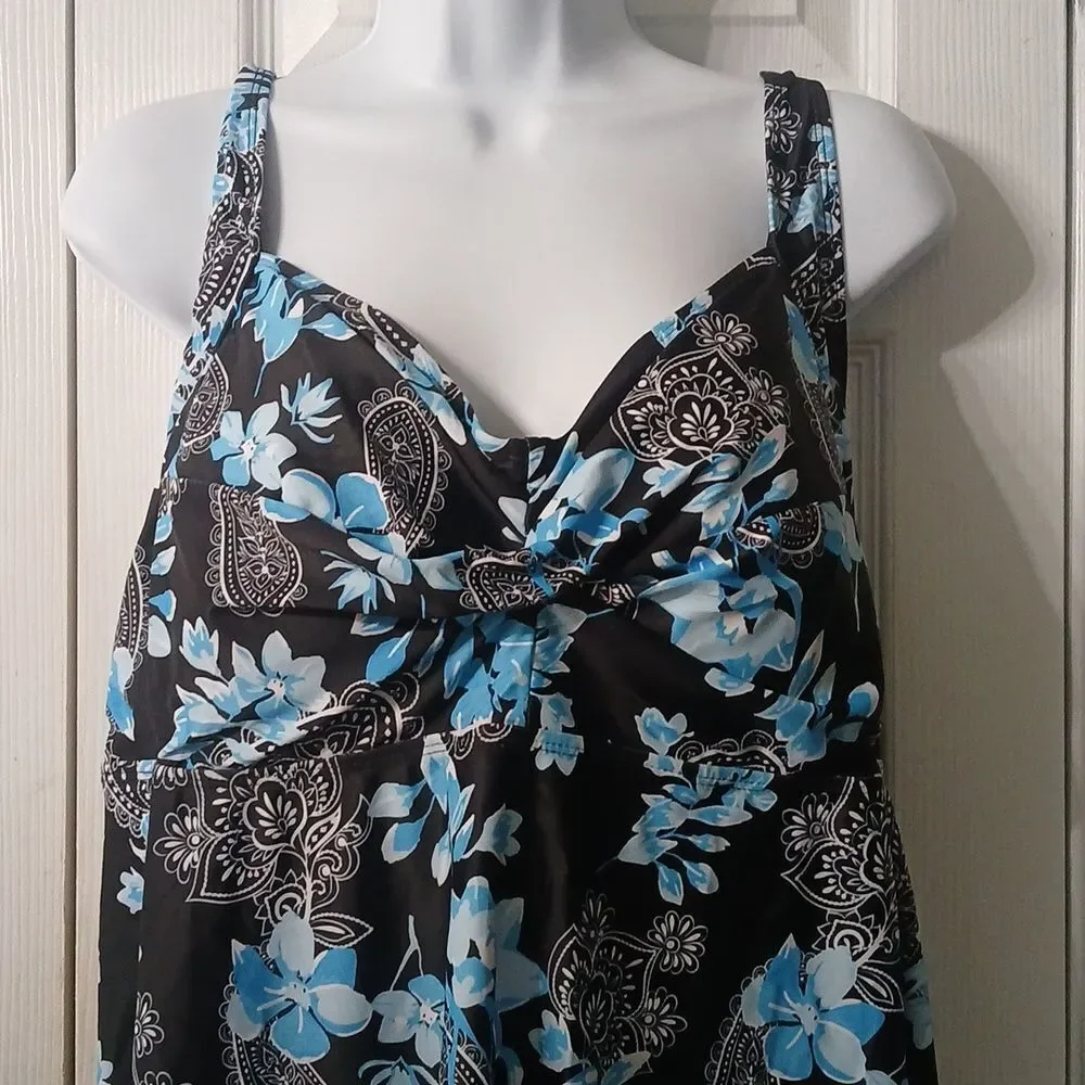 Aqua Eve black blue floral  tropical print tankini top  Sz 22W NWT